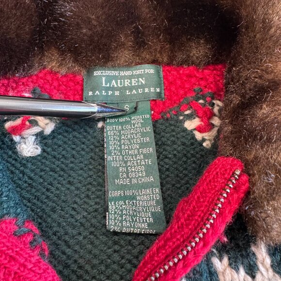 VTG Ralph Lauren Hand Knit Reindeer Cardigan Faux Fur Collar 90's (Size S) - Picture 13 of 16